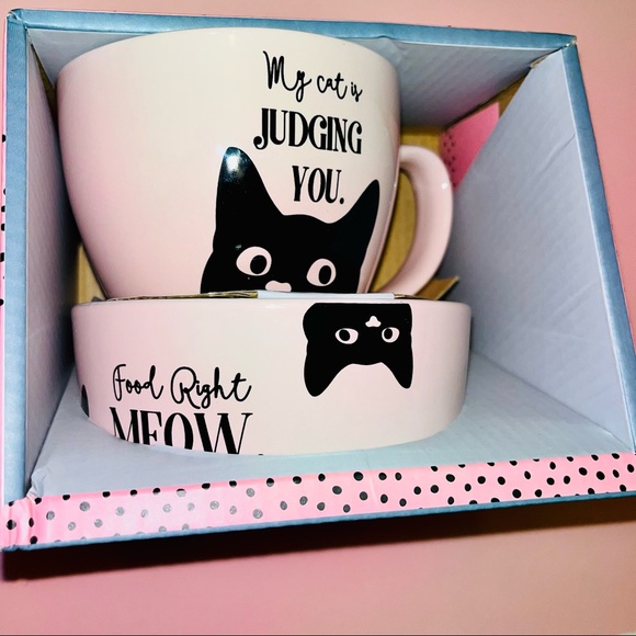 ***SOLD***  “My Cat is Judging You” Pink Cat Bowl & Mug Set - Picture 5 of 11